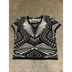 Say What? Shirt Cap Sleeves Women’s Size Large Black Geometric Dual Sided Y2K